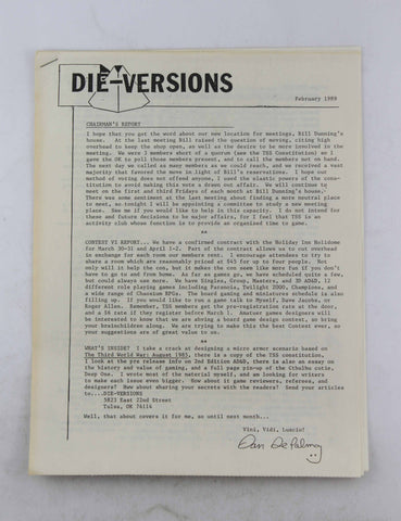 Die-Versions RPG Newsletter/Zine February 1989, by Dan DePalma  